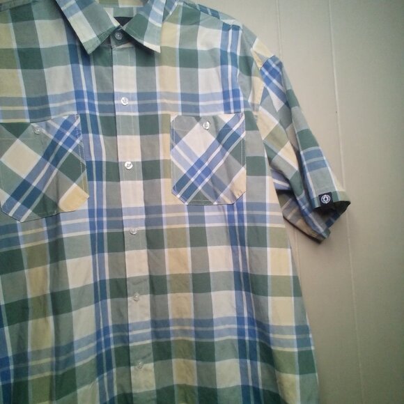 Akademiks Button Up Shirt 3XL Short Sleeve Plaid Green Blue - Picture 5 of 11